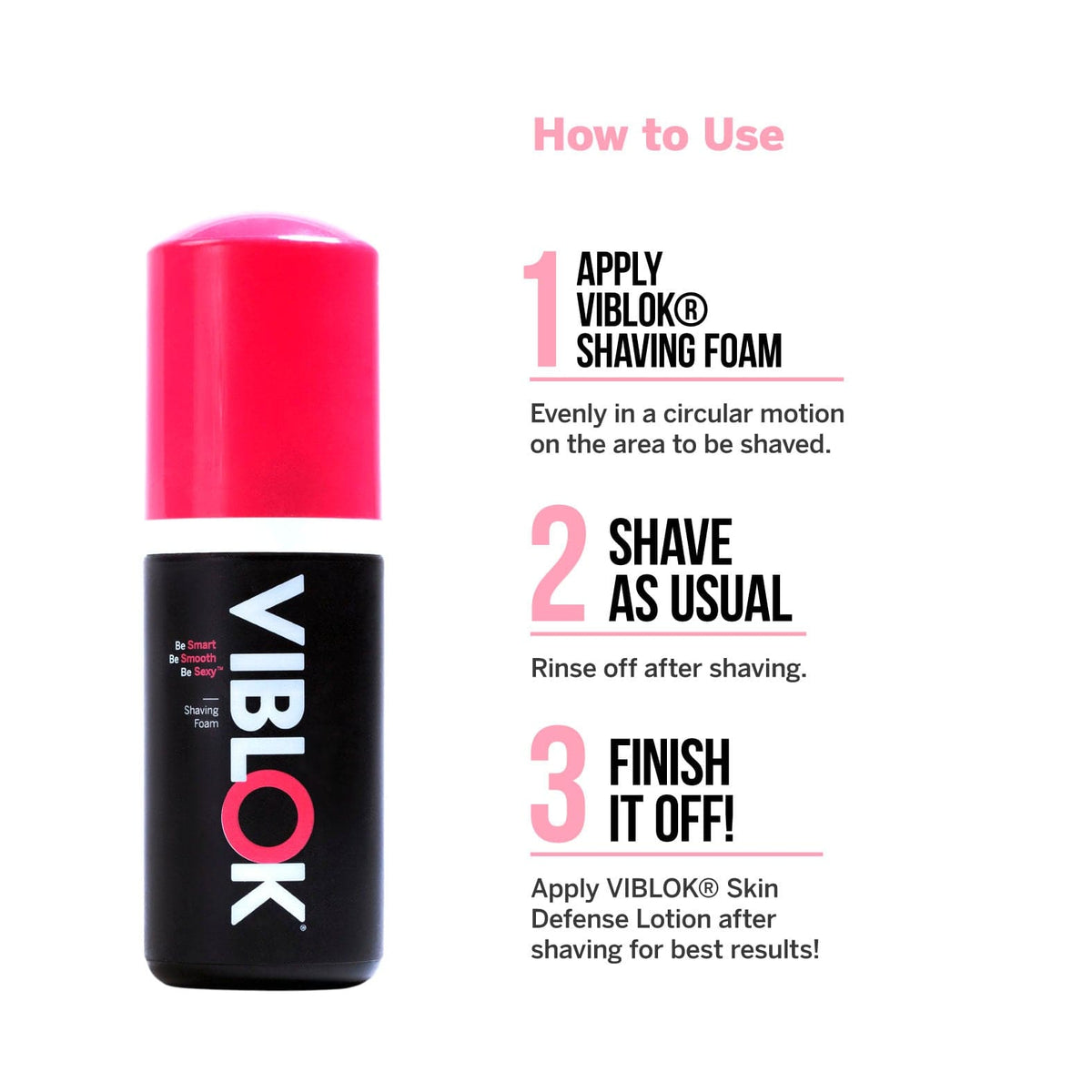 VIBLOK Shaving Foam bottle on the right side there is the step-by-step of How to Use