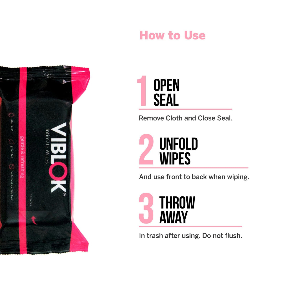 Description of 'How to Use' the wipes. Open seal, unfold wipes, throw away but do not flush.
