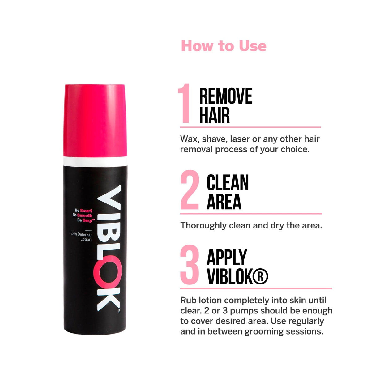 Description of 'How to Use' step-by-step of the lotion. Remove hair, clean area, apply lotion.