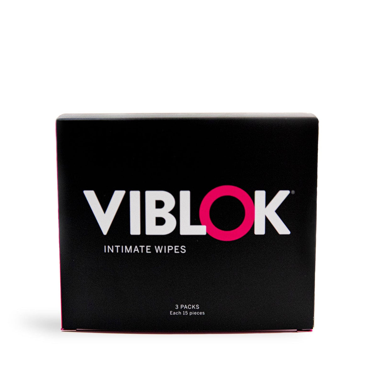 Black box of VIBLOK Intimate Wipes that contains 3 single packages
